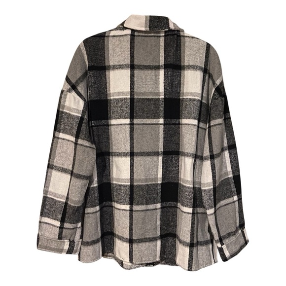 Plaid Cabincore Shacket Jacket Black White Plaid Cotton Blend Flannel Checkered - Picture 3 of 5